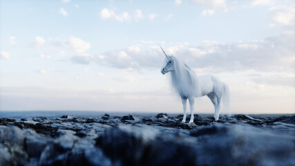 standing white magical unicorn in rocks.3d rendering. © 3D motion
