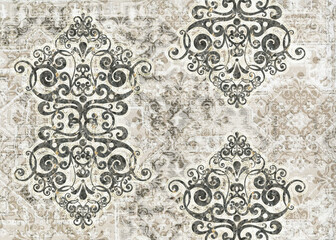 Digital tiles design. 3D render Colorful ceramic wall tiles decoration. Abstract damask patchwork pattern with geometric and floral ornaments, Vintage tiles intricate details