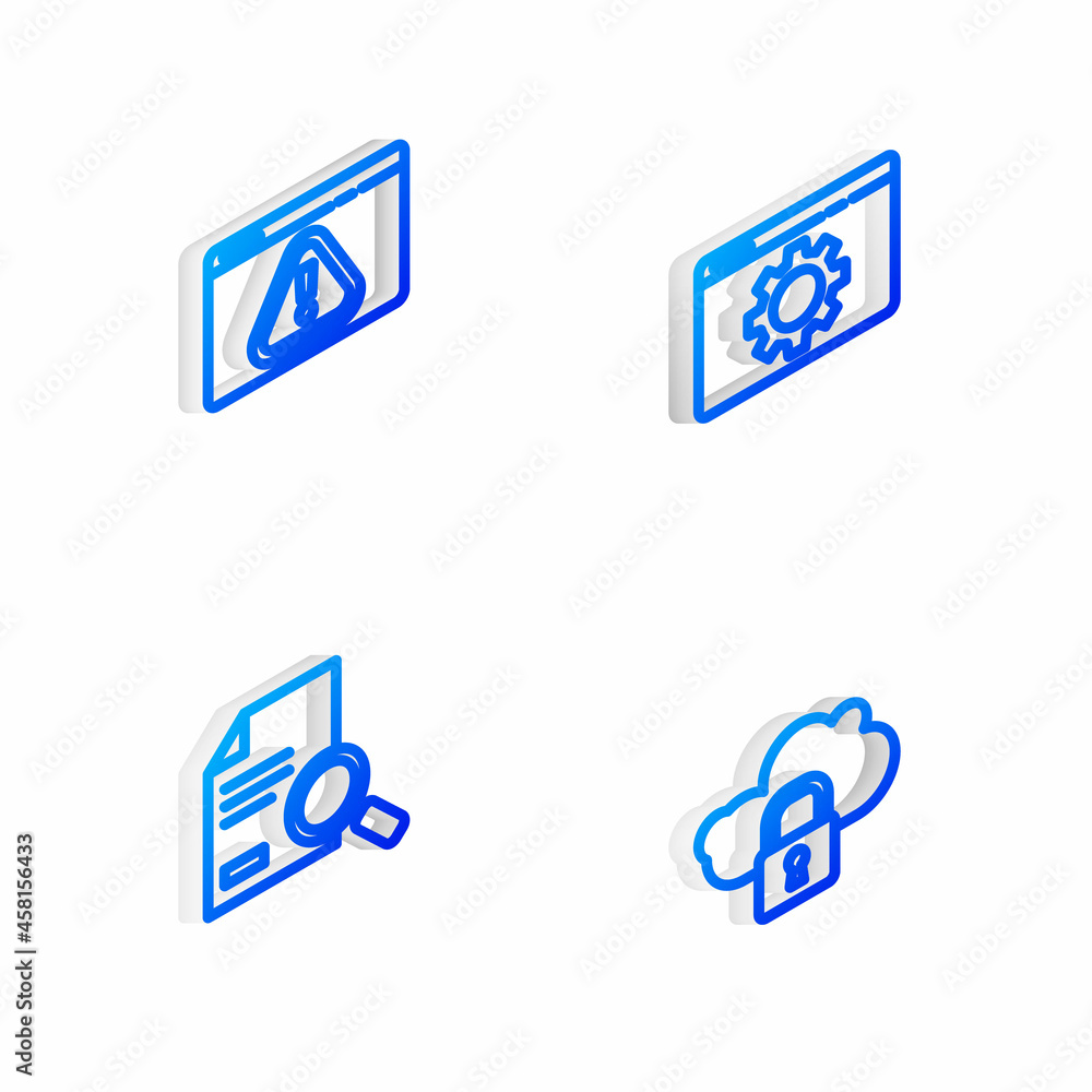 Poster set isometric line browser setting, with exclamation mark, document search and cloud computing lock 