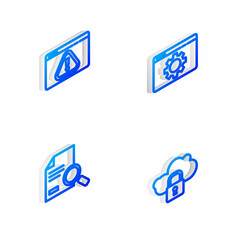 Set Isometric line Browser setting, with exclamation mark, Document search and Cloud computing lock icon. Vector