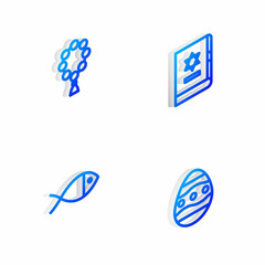 Set Isometric line Jewish torah book, Rosary beads religion, Christian fish and Easter egg icon. Vector