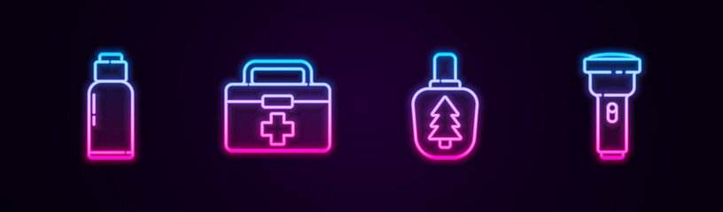 Set line Canteen water bottle, First aid kit, and Flashlight. Glowing neon icon. Vector