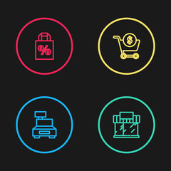 Set line Cash register machine, Shopping building or market store, cart and dollar and Shoping bag with percent discount icon. Vector