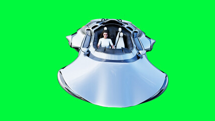 Futuristic sci fi flying car with girl. Green screen isolate. 3d rendering.