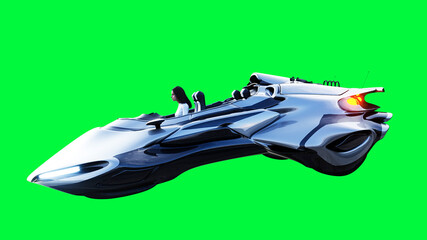 Futuristic sci fi flying car with girl. Green screen isolate. 3d rendering.