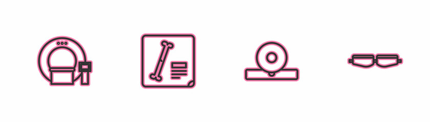 Set line Tomography, Otolaryngological head reflector, X-ray shots and Safety goggle glasses icon. Vector