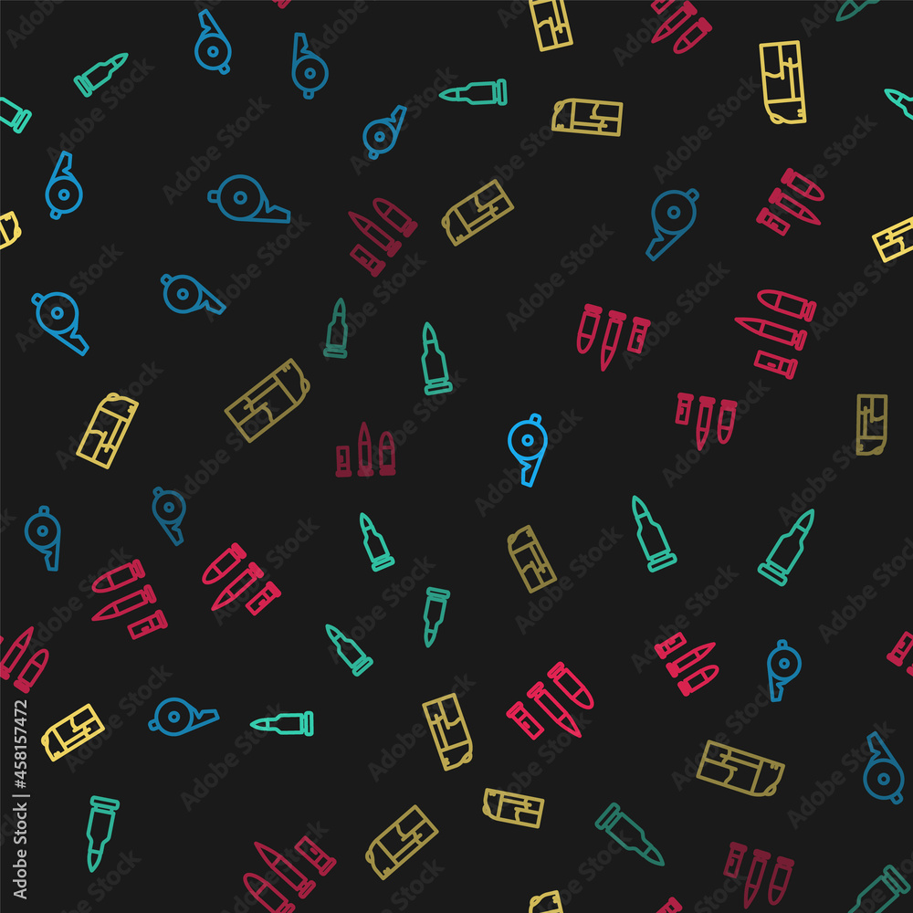 Sticker Set line Whistle, Bullet, Lighter and and cartridge on seamless pattern. Vector