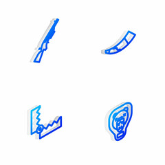 Set Isometric line Hunting horn, Shotgun, Trap hunting and Bear head on shield icon. Vector
