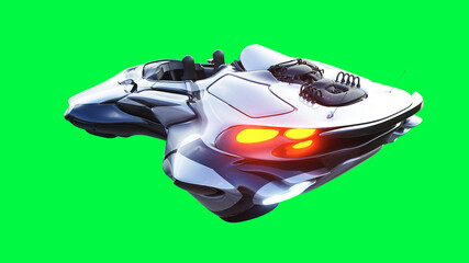 Futuristic sci fi flying car, ship. green screen isolate. 3d rendering.