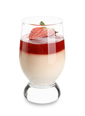 Tasty homemade panna cotta with strawberry in glass on white background