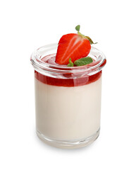 Delicious homemade panna cotta with strawberry in glass on white background