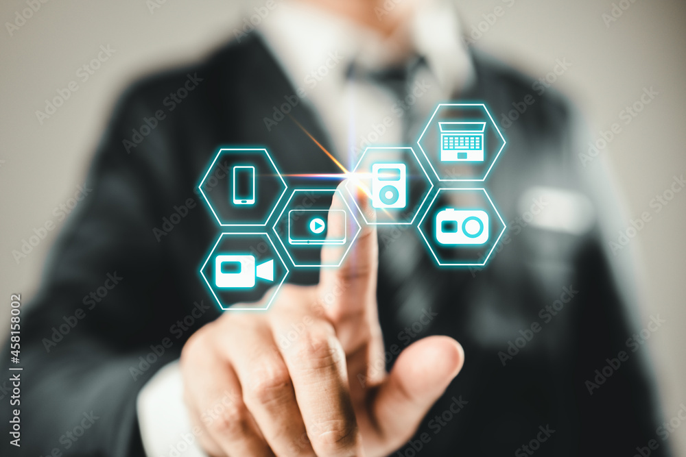 Poster businessman pressing virtual multimedia icon type of buttons