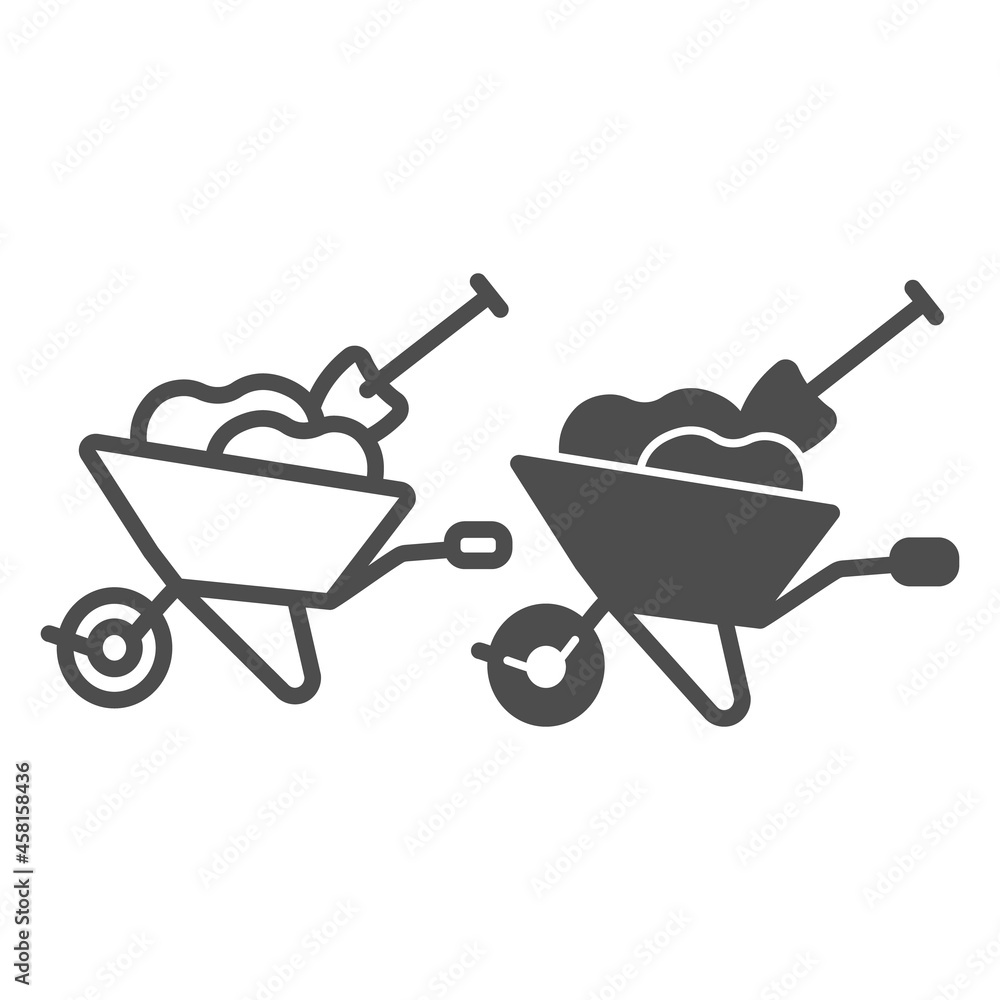 Poster wheelbarrow with soil and shovel line and solid icon, gardening concept, whell barrow and spade vect