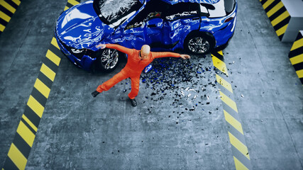 Crash test funny dummy, mannequin dancing. Car crash. 3d rendering.