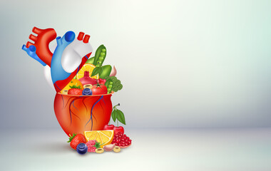 Best food for healthy heart. Essential nutrients for heart health main human. Strong heart character. Diet fruits and vegetables. Medical and health concepts. Isolated 3D vector.