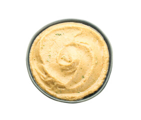 Bowl with tasty baba ghanoush on white background