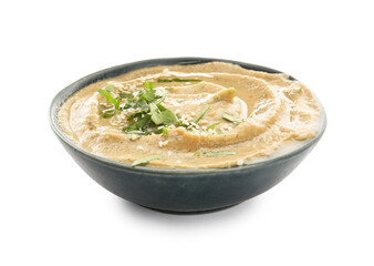 Bowl with fresh baba ghanoush on white background