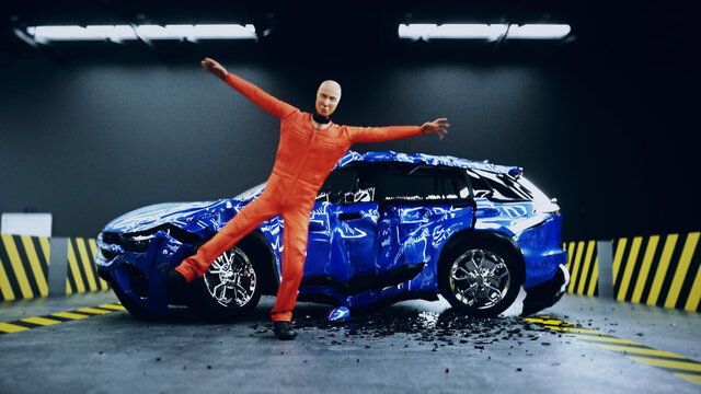 Crash Test Funny Dummy, Mannequin Dancing. Car Crash. 3d Rendering.