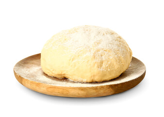 Wooden board with fresh dough on white background