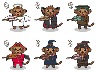 Vector illustration of cute Monkey with Halloween costume playing Violin. Monkey character vector design. Good for label, sticker, clipart.