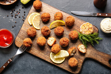 Board with tasty cod cutlets and sauces on dark background