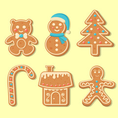 Set of Christmas gingerbread cookies. Chrismas candy, bear, snowman, gingerbread man, new year tree, house. Merry Christmas and Happy New Year figures cover by icing-sugar. 