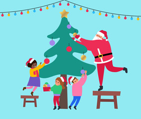 Obraz na płótnie Canvas Santa Claus and kids decorate christmas tree vector illustration