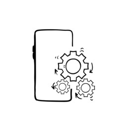 hand drawn doodle mobile phone and gears icon illustration symbol for setting up application