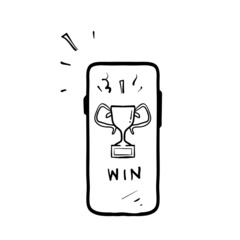 hand drawn doodle smartphone and trophy illustration symbol for winner isolated