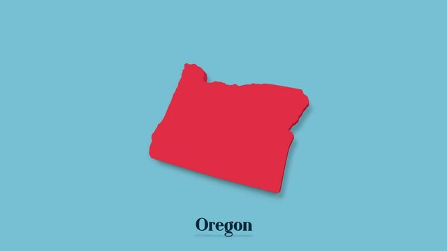 3d animated map showing the state of Oregon from the United State of America isolated on blue background. 3d Oregon state. USA. Text or labels Oregon with silhouette