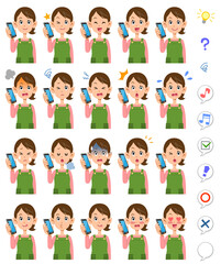 電話で会話する髪を縛ってエプロンをつけた主婦の20種類の表情　
