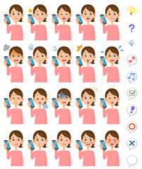 Fototapeta premium 電話で会話する髪を縛った女性の20種類の表情 母親、妻 