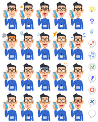 スマートフォンで会話するカジュアルなシャツを着て社員証を付け眼鏡をかけたビジネスマンの20種類の表情
