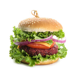 Tasty vegetarian burger on white background