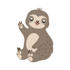 Cute happy waving sloth clipart flat vector illustration.