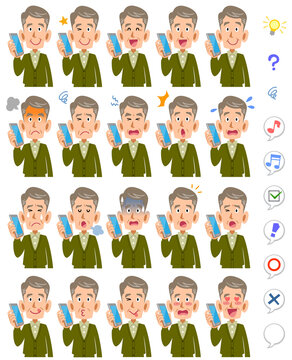 電話で会話するシニアの男性の20種類の表情と上半身
