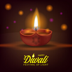 3d realistic illuminated oil lamp for happy diwali festival of light from India with bokeh light greeting card