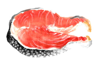 水墨画技法で描かれた鮭の筒切り