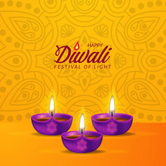 3d realistic illuminated purple oil lamp for happy diwali festival of light from India with bokeh light with yellow background