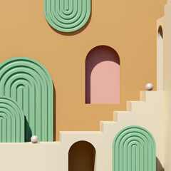 Obraz premium 3d render image cream brown stairs podium with green pink background product display advertisement.