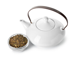 Tea pot and bowl of dry hojicha green tea on white background