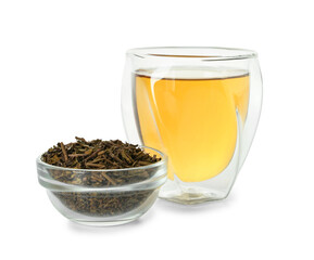Bowl with dry hojicha green tea and glass of hot beverage on white background