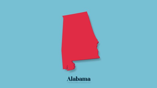 3d animated map showing the state of Alabama from the United State of America isolated on blue background. 3d Alabama state. USA. Text or labels Alabama with silhouette