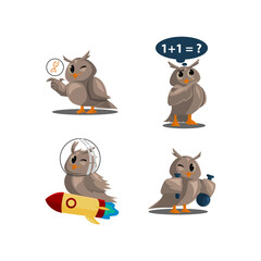 Naklejka premium School owls. Color cute birds studying in school. Teaching education cartoon vector characters