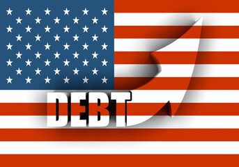 Abstract background on business concept on debt. Flag of USA