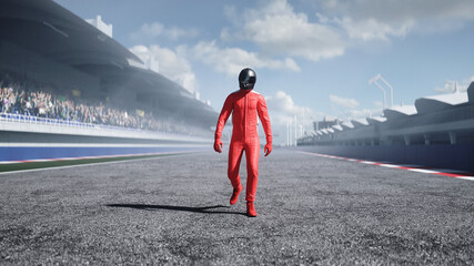 The racer walking on stadium. 3d rendering. - obrazy, fototapety, plakaty