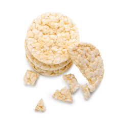 Pieces of crunchy corn crackers on white background