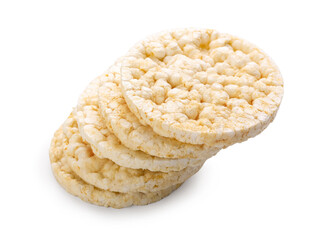 Stack of crunchy rice crackers on white background