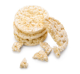 Pieces of crunchy corn crackers on white background