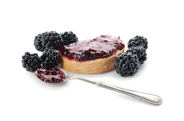 Tasty sandwich with blackberry jam and berries on white background